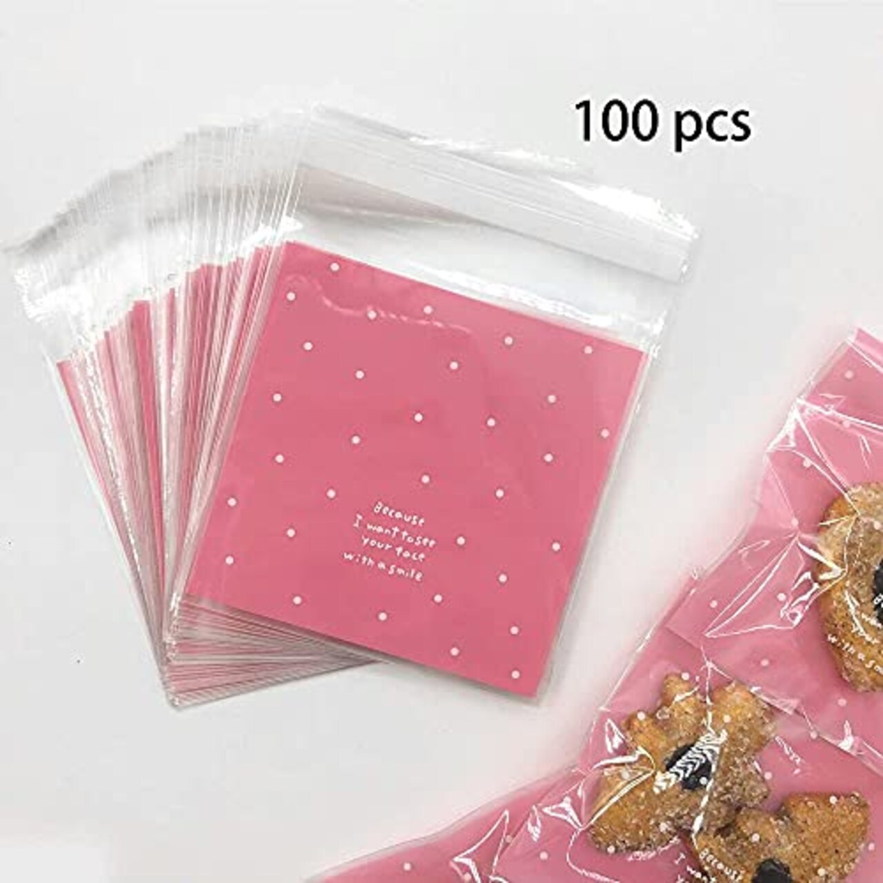 100 Pieces Lovely Small Self Adhesive Treat Bag Cellophane Bag Cookie Bag, Homemade, Party, Wedding Favor Bag, for Bakery, Biscuit, Candy - Pink (3.94" x 3.94")